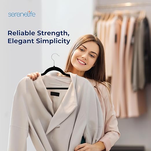SereneLife Premium Non-Slip Velvet Hangers-Space Saving Heavy Duty Slim Suit Clothes Hanger Set with 360 Degree Swivel Metal Hook,Can Hold Up to 10 Lbs.for Coats, Jackets,Pants & Dress (50-Pack),Black