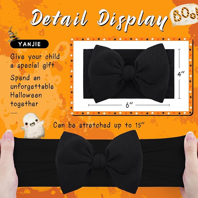 YanJie Halloween Baby Headbands Cheer Bow, Orange Hair Bow Black 2Pcs