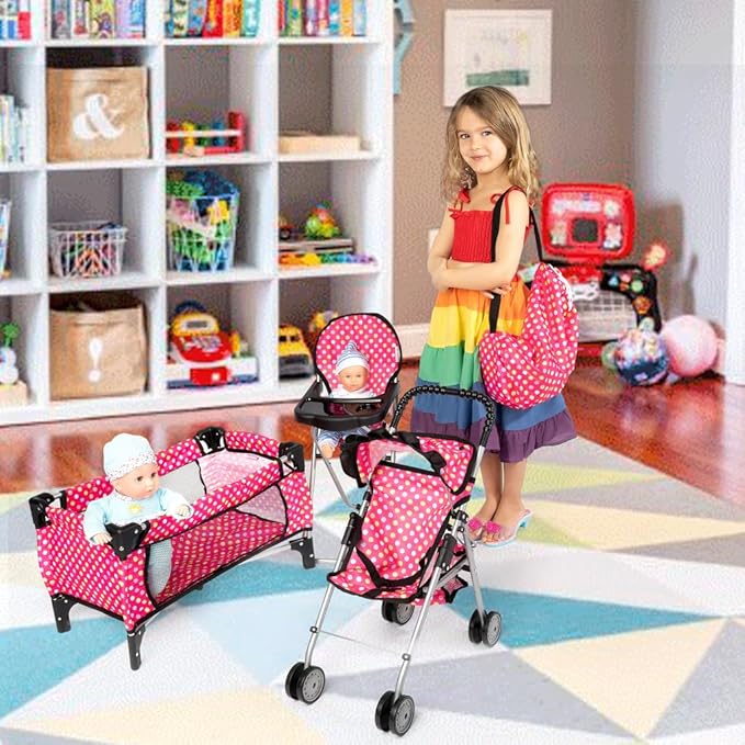 fash n kolor 4 Piece Doll Play Set, includes - 1 Pack N Play. 2 Doll Stroller 3.Doll High Chair. 4.Infant Seat 18'' Doll (4 Piece
