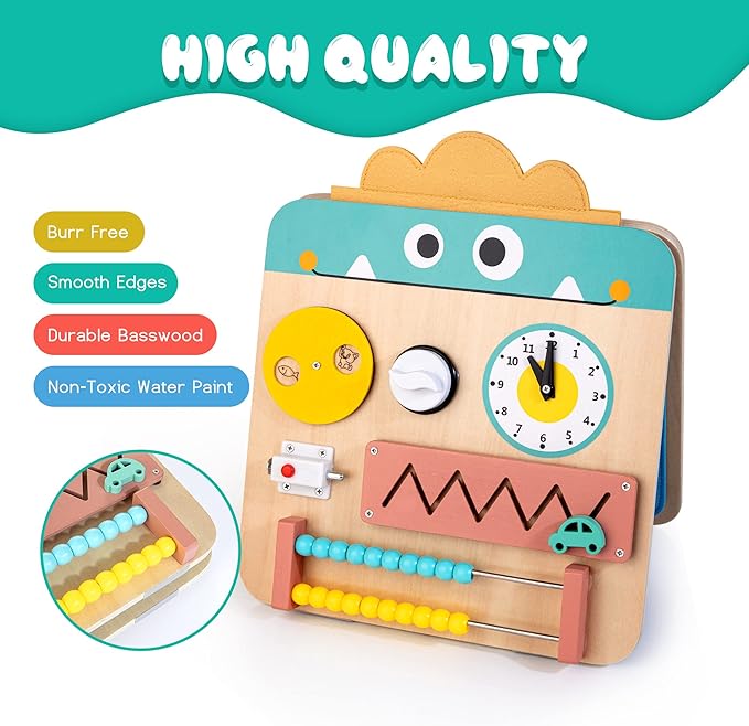 HELLOWOOD 17 for 1 Wooden Busy Board for Kids, Montessori Toys for 2 3 4 Years Old 2-4, Fine