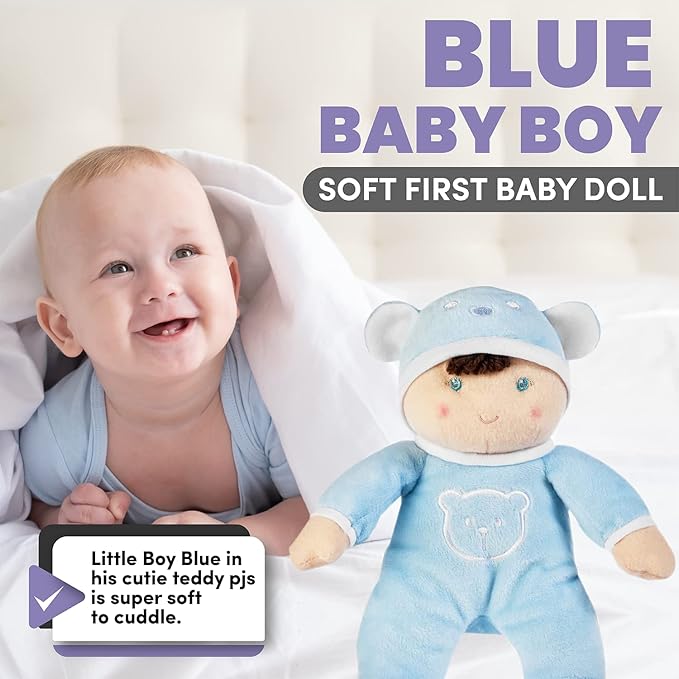 Genius Baby Toys Baby Boy Doll - My First Boy Baby Doll in Blue with Rattle, No Hard Parts