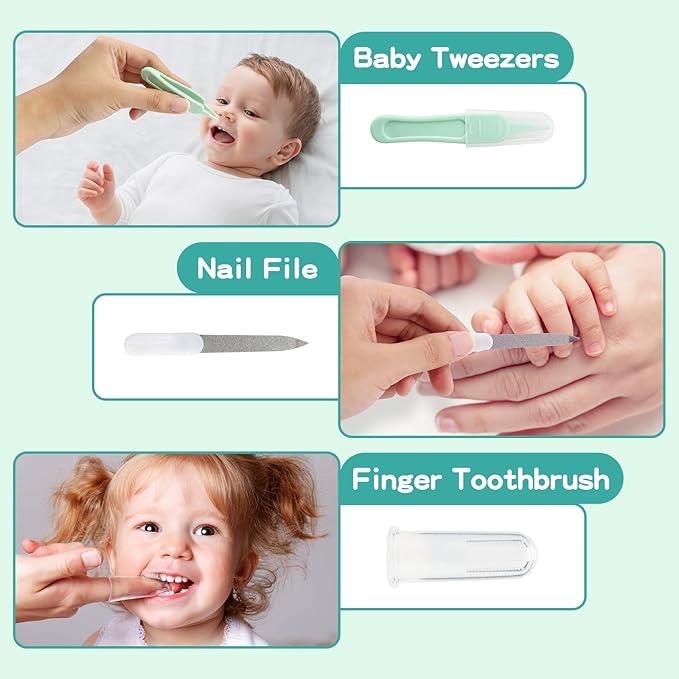 Baby Grooming Kit, Infant Safety Care Set with Hair Brush Comb Nail Clipper Nasal Aspirator,Baby Essentials Kit for Newborn Girls Boys (13 Pc Green Kit)