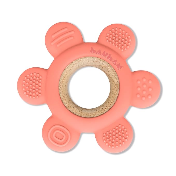 BAMBAM Baby Premium Silicone Teething Ring Toy – 100% BPA Free, Child Safety Tested, for Baby & Infant 0-6, 3-6 and 6-12 Months Teether Toys – Flora The Flower (Apricot Splash)