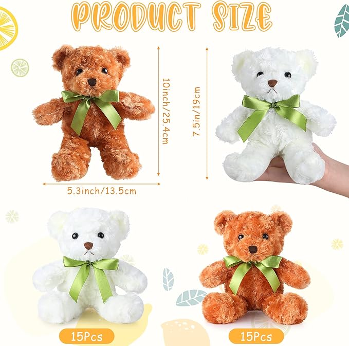 Hungdao 30 Pcs Bear Bulk Plush Stuffed Animals 10 Inch Cute Soft Plush Bears Toys with Ribbon Shaggy Bear for Boys Girls Birthday Baby Shower Decor DIY Gift, White