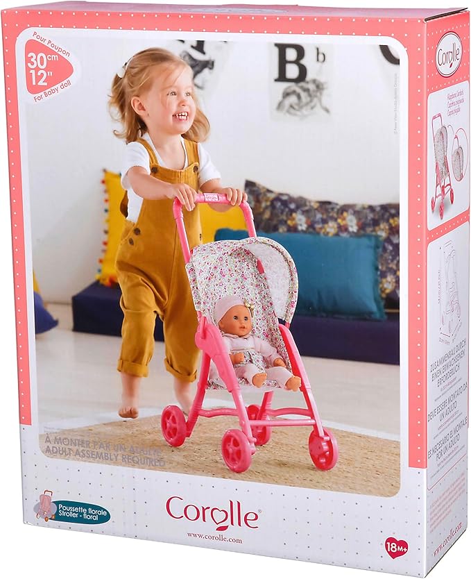 Corolle Baby Doll Stroller with Folding Canopy - Mon Premier Poupon Accessory Fits 12" Dolls, Pink/Floral Pattern 18 Months