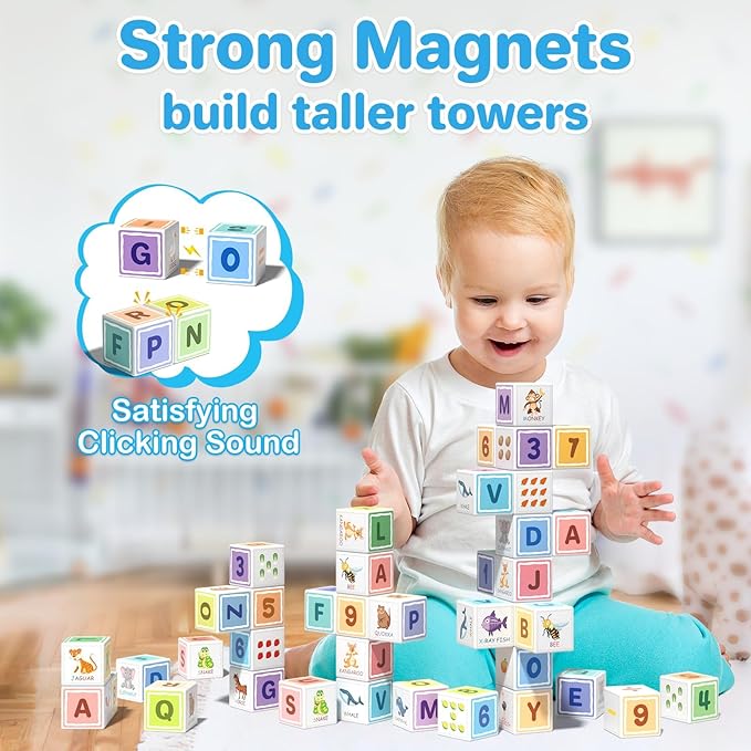 Magnetic Blocks ABC 123 Alphabet Colorful Printed, Building Blocks for Toddler 1-3, Magnet Cubes Sensory Toys, Preschool Early Learning Number,Letter,Animals,Education for Kids Age 1 2 3