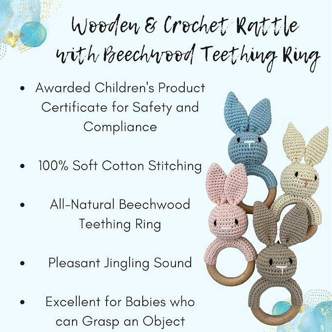 Baby Gift Rattle and Teether Toy Handmade Crochet, Safe and Non-Toxic Beechwood
