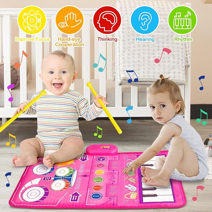 1 2 3 Year Old Girl Birthday Gift Toys, 2 in 1 Musical Toys for Toddlers 1-3 Piano Keyboard & Drum Mat with 2 Drum Sticks Toddler Toys Age 1-2 1 Year 2 Year