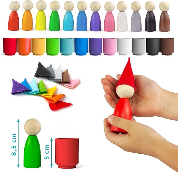 Ulanik Large Peg Dolls in Cups with Hats Toddler Montessori Toys for 3 Year Old + Wooden Waldorf Dolls for Learning Color Sorting and Counting β 12 Gnomes