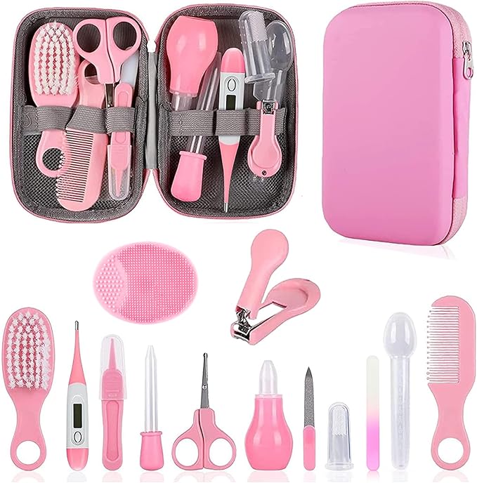 Baby Grooming Kit, Infant Safety Care Set with Hair Brush Comb Nail Clipper Nasal Aspirator,Baby Essentials Kit for Newborn Girls Boys (Pink)