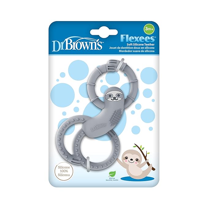 Dr. Brown's Flexees Gray Sloth, Soft 100% Silicone Baby Teether 3m+