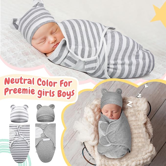 Buryeah 4 Pack Preemie Swaddle Blanket Wrap Set with Hat for Baby Boys Girls 3-7 Lbs Preemie Newborn Clothes Sleepers Cap