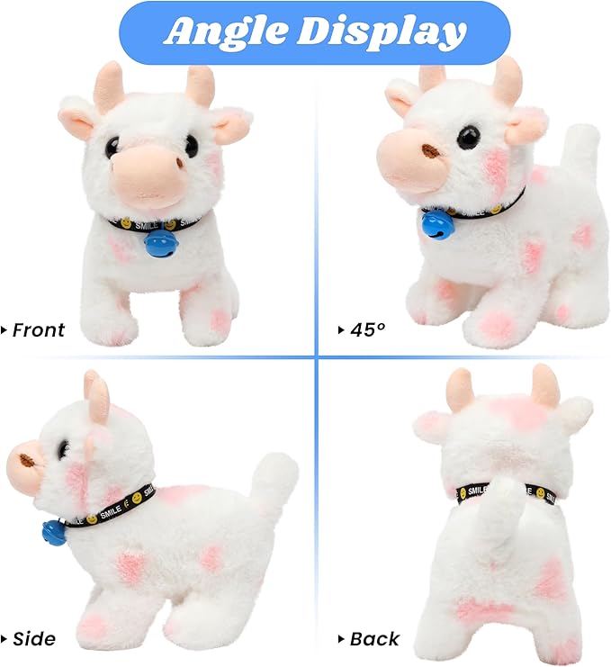 Hopearl Walking Cow Interactive Electronic Pet Plush Diary Cattle Toy with Sounds and Movements MOO Nodding Head Wag Tail Animated Gifts for Toddlers Birthday, Pink 7''