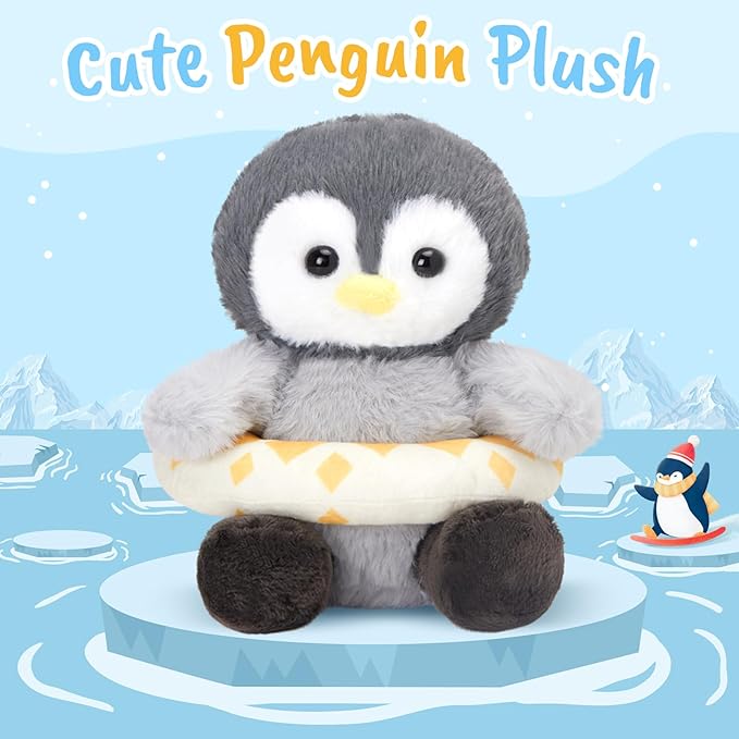 Houwsbaby 8" Cuddly Penguin Stuffed Animal,Penguin Plush Toy with Yellow Swimming Circle
