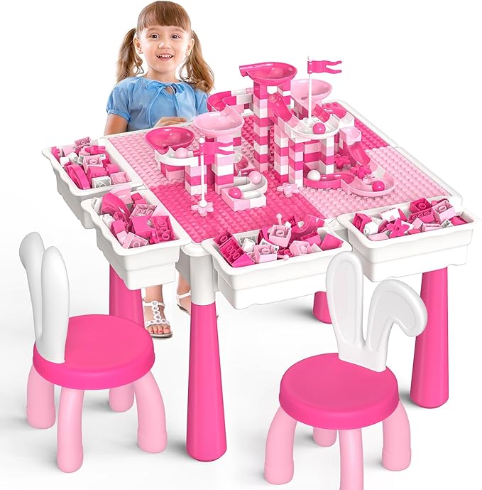 Kids Toddler Table and Chair Set: Activity Table with 152Pcs 2 Rabbit 3-10 Year