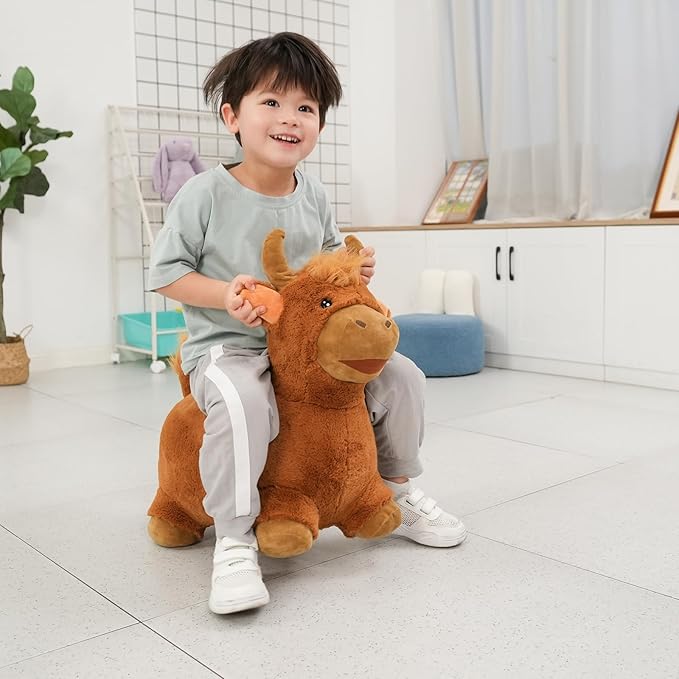 INPANY Bouncy Bull Hopping Toys - Toddler Brown Plush Highland Cow Hopper, Kids Inflatable Farm Animal Hopper Horse 2 3 4 Year