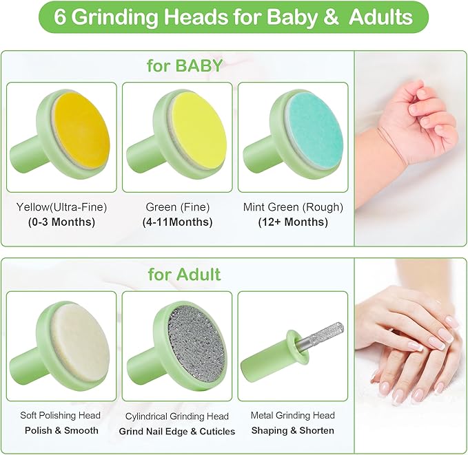 OTTOLIVES Baby Nail Trimmer Electric Newborn Toddler, Safe Baby Nail Clippers Set with Light and 6 Replacement Heads, Baby Nail File Trim Polish Toes Fingernails Care Infant Essentials(Green)