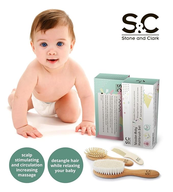 Baby Hair Brush and Baby Comb Set for Newborn, Boy and Girl - Wooden Baby Brush w/Soft Goat Bristles for Cradle Cap - Infant, Toddler Hair Brush, Baby Grooming kit, Soft Hair Brush by Stone & Clark