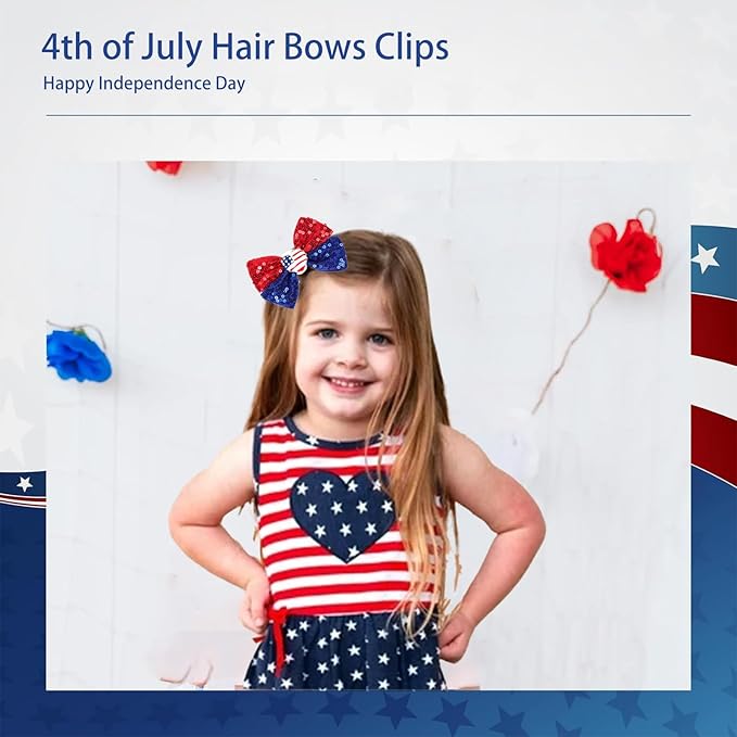 4th of July Sequins Hair Bows Clips Blue Glitter Alligator