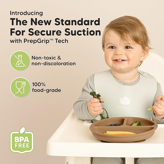 KeaBabies Suction Plates for Baby, Toddler - 3-Pack 100% Silicone Toddler Plates, Divided Baby Plates with Suction, Silicone Plates for Baby, Kids, BPA-Free, Microwave, Dishwasher Safe (Desert)