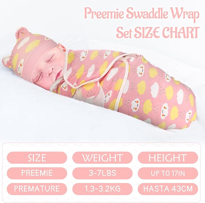 Buryeah 4 Pack Preemie Swaddle Blanket Wrap Set with Hat for Baby Boys Girls 3-7 Lbs Preemie Newborn Clothes Sleepers Cap
