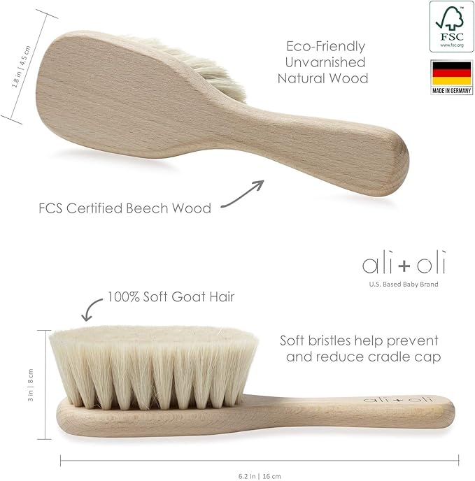 Ali+Oli Newborn Wooden Hair Brush- Baby Brush Set for Newborns- Baby Hair Brush with Mini Loofah- Infant Hair Brush, Cradle Cap, Wooden Baby Brush with Soft Goat Bristle