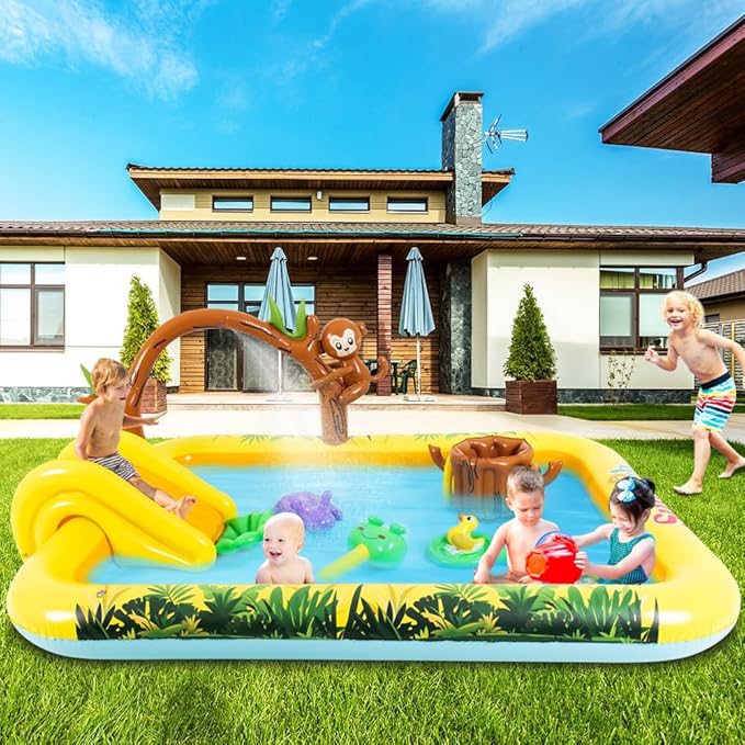 Inflatable Play Center, Inflatable Swimming Pool Cartoon Animals Sprinker Toy with Base Pool