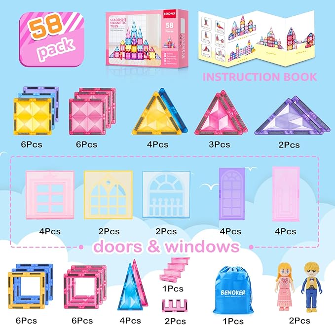 Princess Magnetic Tile Castle 3D Building Block Set - Sensory STEM Educational Building Toddler Kids Toys - Pink Magnetic Building Block with Doll Girl Birthday Gift for 3 4 5 6 7 8 Years Old
