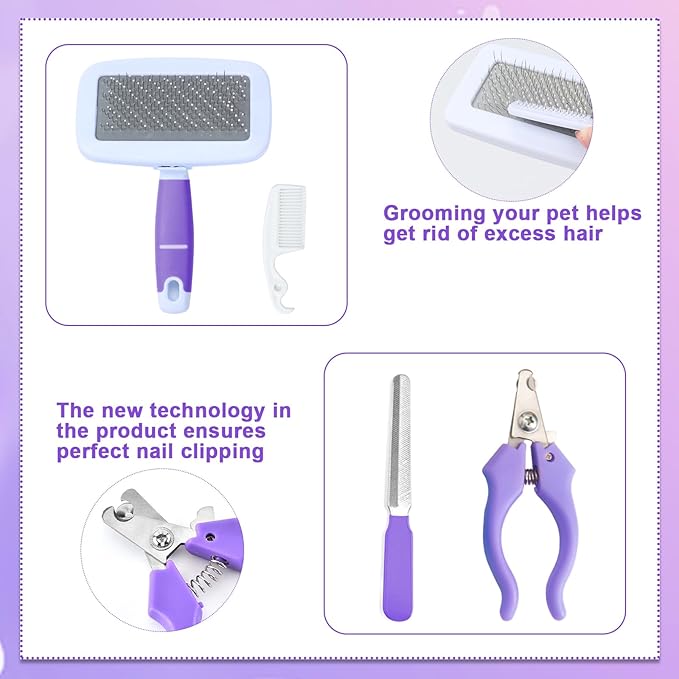 VCZONE 8 Pcs Small Animal Pink Grooming Kit, Rabbit Grooming Kit with Pet Nail Clipper and File, Flea Comb, Pet Shampoo Bath Brush , Pet Shedding Slicker Brush, Bath Massage Glove, Cleaning Comb
