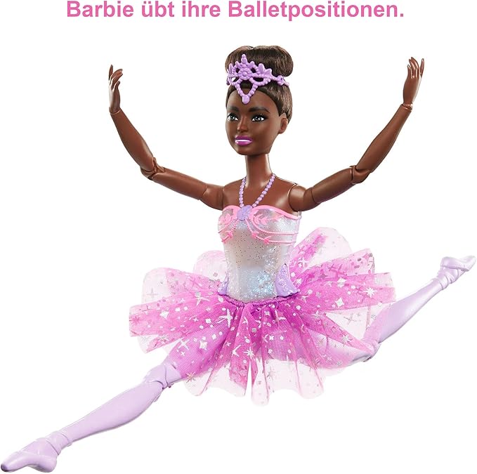 Barbie Dreamtopia Doll, Twinkle Lights Posable Ballerina with 5 Light-Up Shows, Sparkly Purple Tutu, Black Hair & Hair Accessory