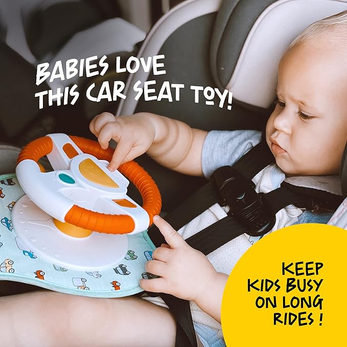 BETTERLINE Baby Car Seat Toy for Infants and Toddlers, Interactive Driving Steering Wheel with Lights, Music and Mirror, Realistic Driving Sounds - Can use for Stroller or Playpen, Adjustable Strap