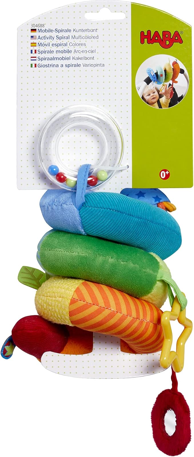 HABA Rainbow Activity Spiral Car Seat Toy and Stroller Toys for Baby 0-6 Months - Colorful Baby Travel Toy with Rattle Teething Element and Sensory Activities