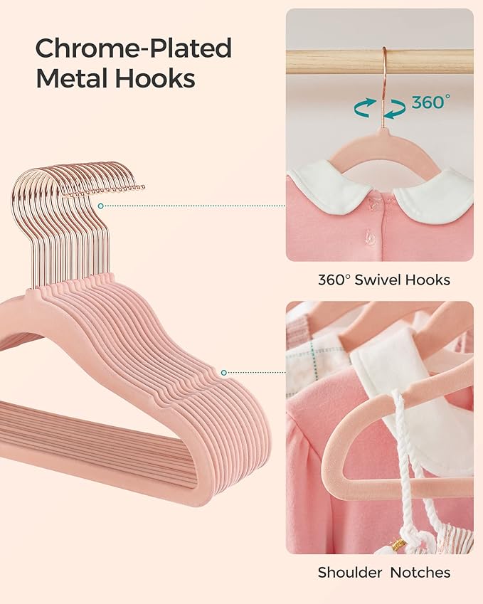 SONGMICS Baby Hangers 30 Pack, Kids Hangers for Closet, 11.8 x 8.1 Inches, Rose Gold 360° Swivel Hooks, Space-Saving Clothes Hangers, Velvet Hangers for Nursery, Non-Slip, Jelly Pink UCRF027P30
