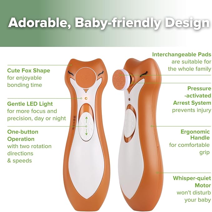 haakaa Baby Nail Trimmer Electric for Newborns/Toddlers/Children/Adults, Electric Baby Nail File with 6 Replacement Heads & Storage Case, Safe & Easy Clever Fox Nail Trimmer for Babies
