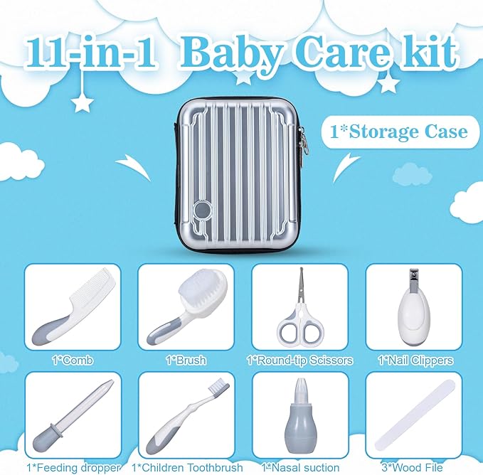 Little Angel Baby Healthcare and Grooming Kit, Safety Newborn Nursery Care Set, with Hair Brush Comb, Nail Clipper, Nasal Aspirator for Newborn Infant Baby Girls Boys (Gray)