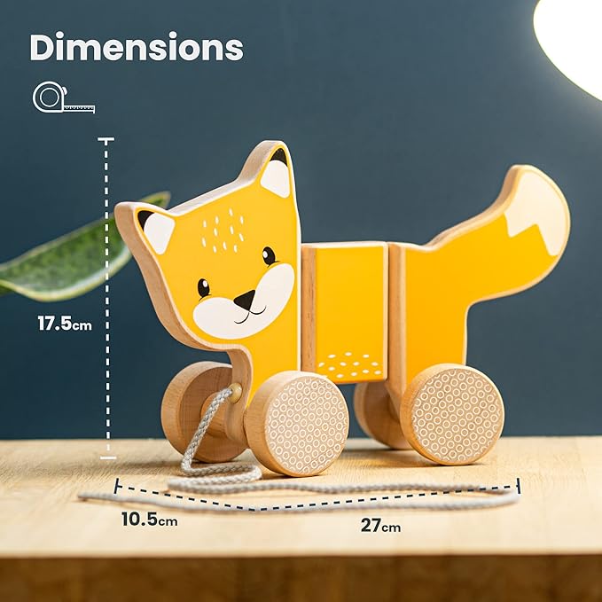 Bigjigs Toys FSC Certified Fox Pull Along Toy - Eco-Friendly Wooden Fox with Grey Pull Cord, Quality Pull Along Toys for 1 Year Olds