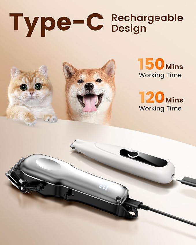 Dog Grooming Kit with Dog Paw Trimmer for Heavy Thick Hair, Low Noise Clippers for Grooming with Stainless Steel Blade, Cordless Dog Hair Clippers, Rechargeable Dog Shaver for Pets Cats