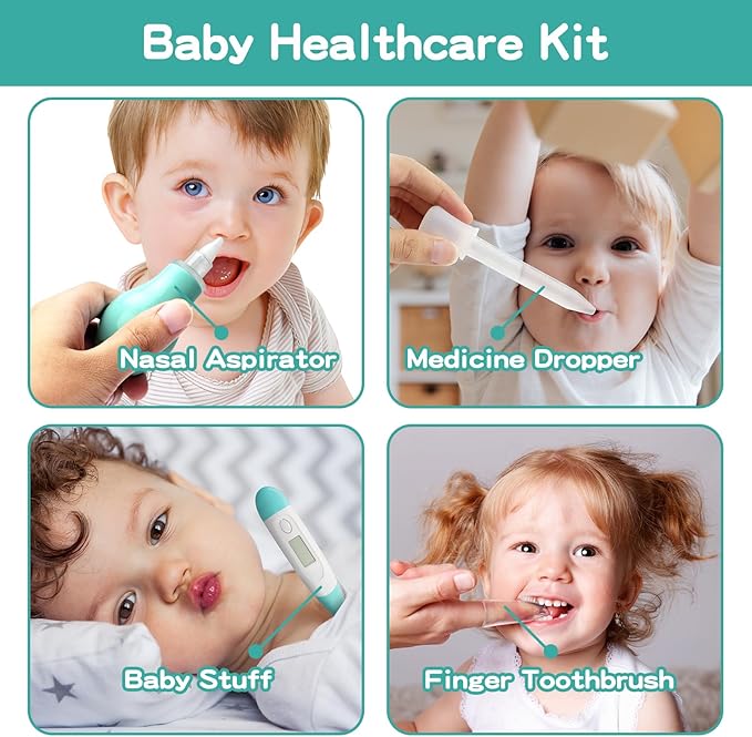 Baby Grooming Kit, Electric Safety Nail Trimmer Baby Nursery Kit,Infant Safety Care Set with Hair Brush Comb Nail Clipper Nasal Aspirator,Baby Essentials Kit for Newborn Girls Boys (20 Pc Green Kit)