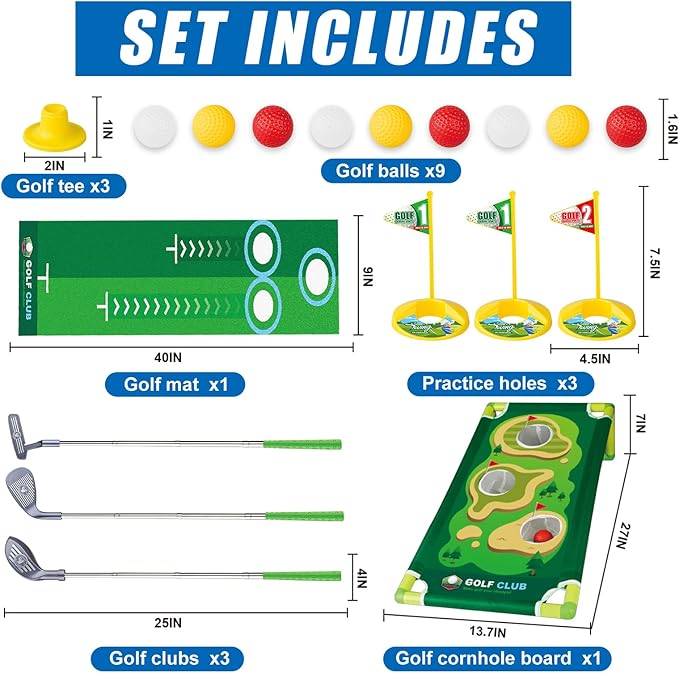 Toddler Golf Clubs Length Adjustable, Upgraded Kids Golf Toy Set with Golf Cornhole 2 3 4 5 6 Year