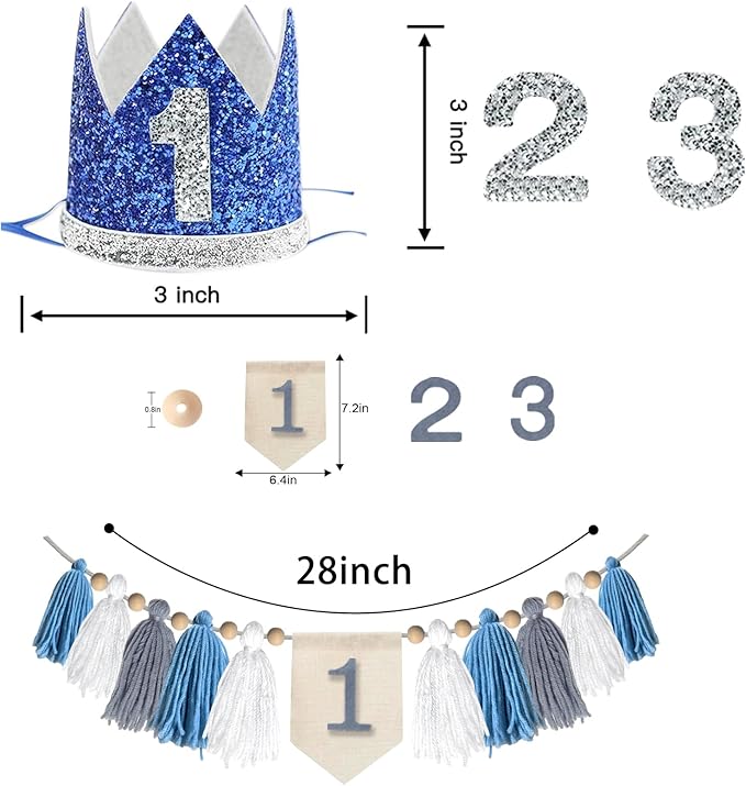 1-3st Birthday Highchair Banner Decorations for Boys, Cute Baby Party Crown Hat