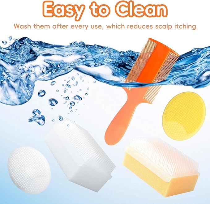 Cradle Cap Brush for Babies, Set of 5 Baby Bath Essentials with Bath Sponge Silicone Scrubber Long Handle Comb for Newborns Toddlers Boys Girls (Orange)
