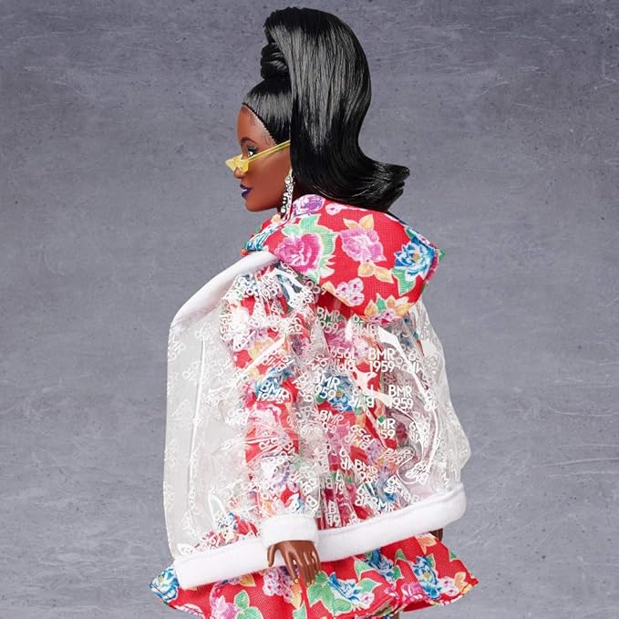 Barbie BMR1959 Fully Poseable Curvy Fashion Doll, Brunette, in Clear Vinyl Bomber Jacket and Floral Hoodie Dress, with Accessories and Doll Stand
