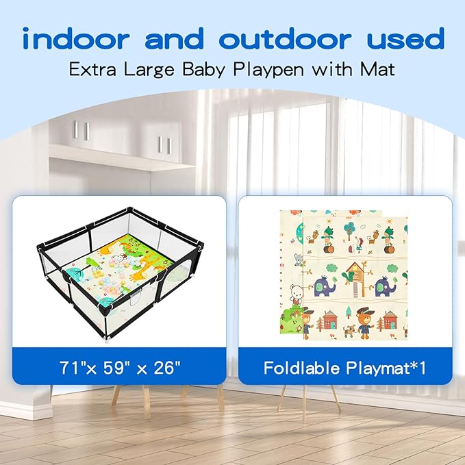 Suposeu Large Baby Playpen with Mat, Portable Baby Fence Area with Gate, Toddlers and Pets Play Yard with Non-Slip Mat, Safety Fence for Indoor and Outdoor Use(71x59 Inches, Black)