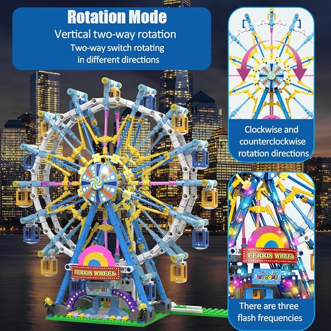 Upgrade Rotating Ferris Wheel Building Blocks Set Toys for Kids with Light Carnival Amusement Park Construction Kits Birthday Halloween for Boys Girls(813pcs)