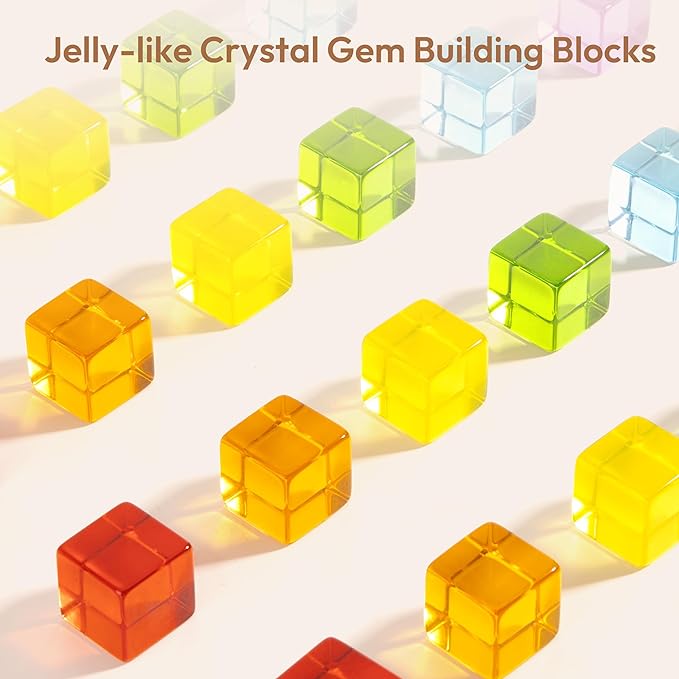 Wooden Building Blocks Set for Kids, 24 PCS Rainbow Gem Cubes Stacking Blocks - 2 Wood House 3-6
