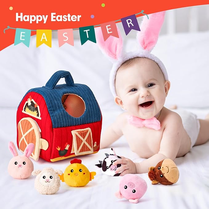 hahaland Baby Toys 6-12 Months - Surprise Barn with Stuffed Farm Animals, Rattle 1-3