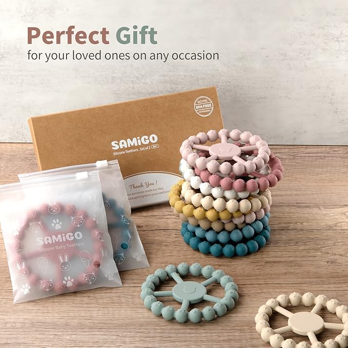 SAMiGO Silicone Teethers for Babies 0-6 6-12 Months Baby Teething 2 Pack