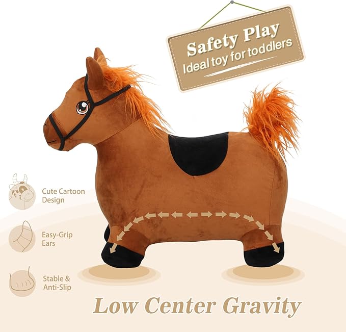 INPANY Bouncy Horse Toys for 1 2 Year Old Boy Birthday Gifts, Toddlers/Kids Brown Plush Hopping Toy 3 4