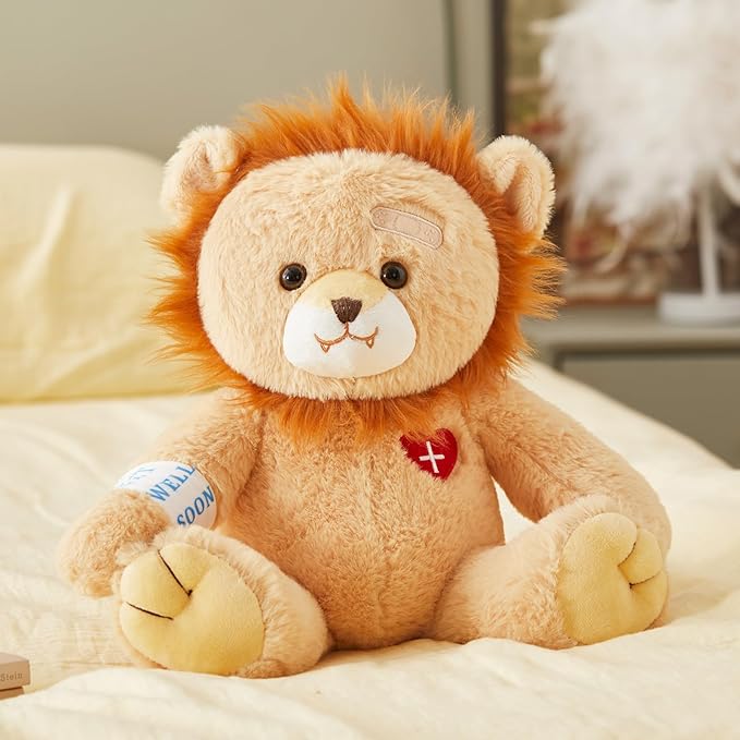 Houwsbaby 12" Get Well Soon Lion Stuffed Animal,Brown Get Well Soon Lion Plush Toy