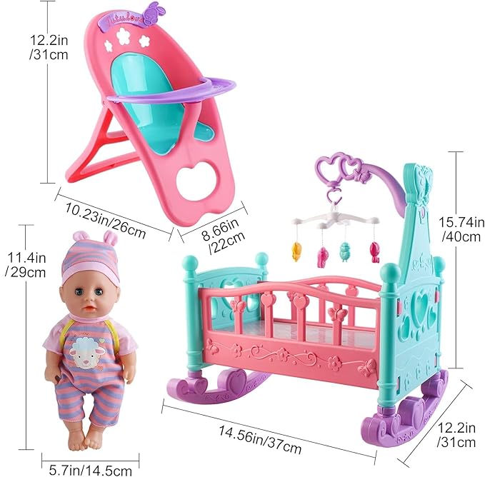 deAO 12” Baby Doll Play Set with Crib, Mobile 21 PCS